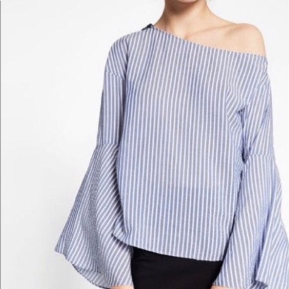 Zara Trafaluc Collection Blouse Off Shoulder Seersucker Striped Bell Sleeve Zip - Picture 7 of 11